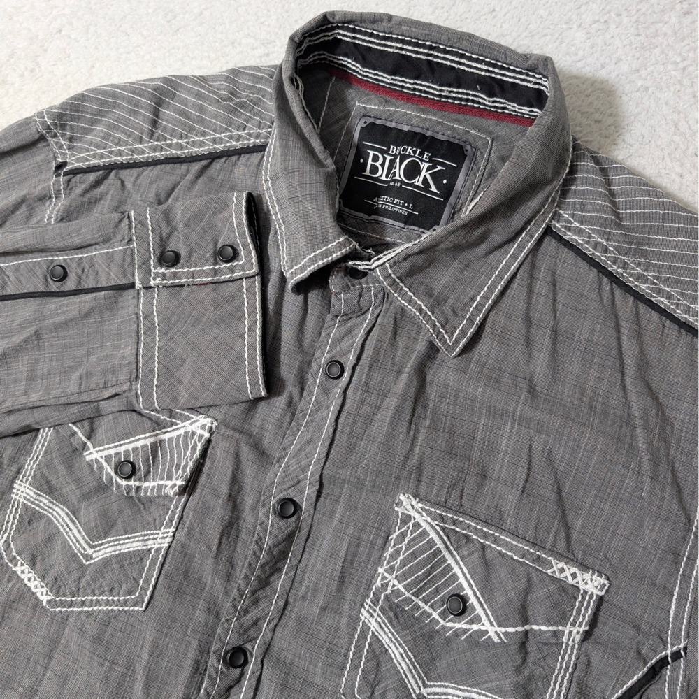 Buckle Black Button Down Mens L Grey Stretch L/S Athletic Fit Contrast Stitch